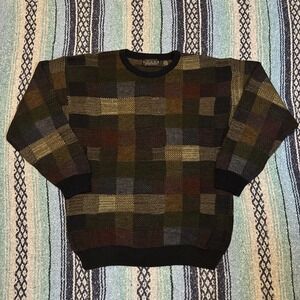 Vintage 90s Zylos George Machado Knit Sweater Mens L Dad Grandpa Block Pattern